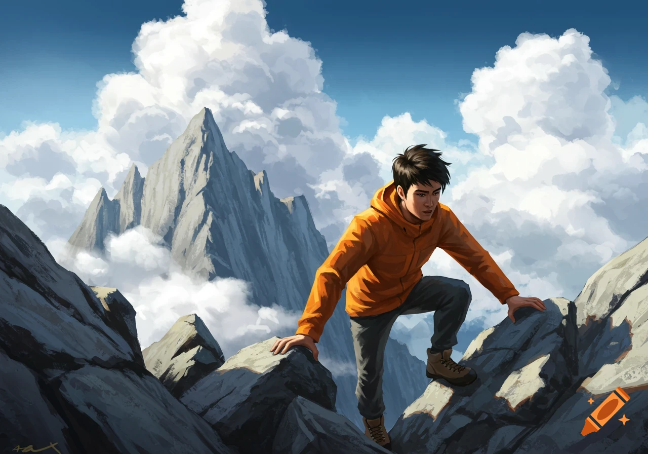 A man in an orange jacket climbs a rocky mountain peak with clouds below, under a bright blue sky. Digital painting.