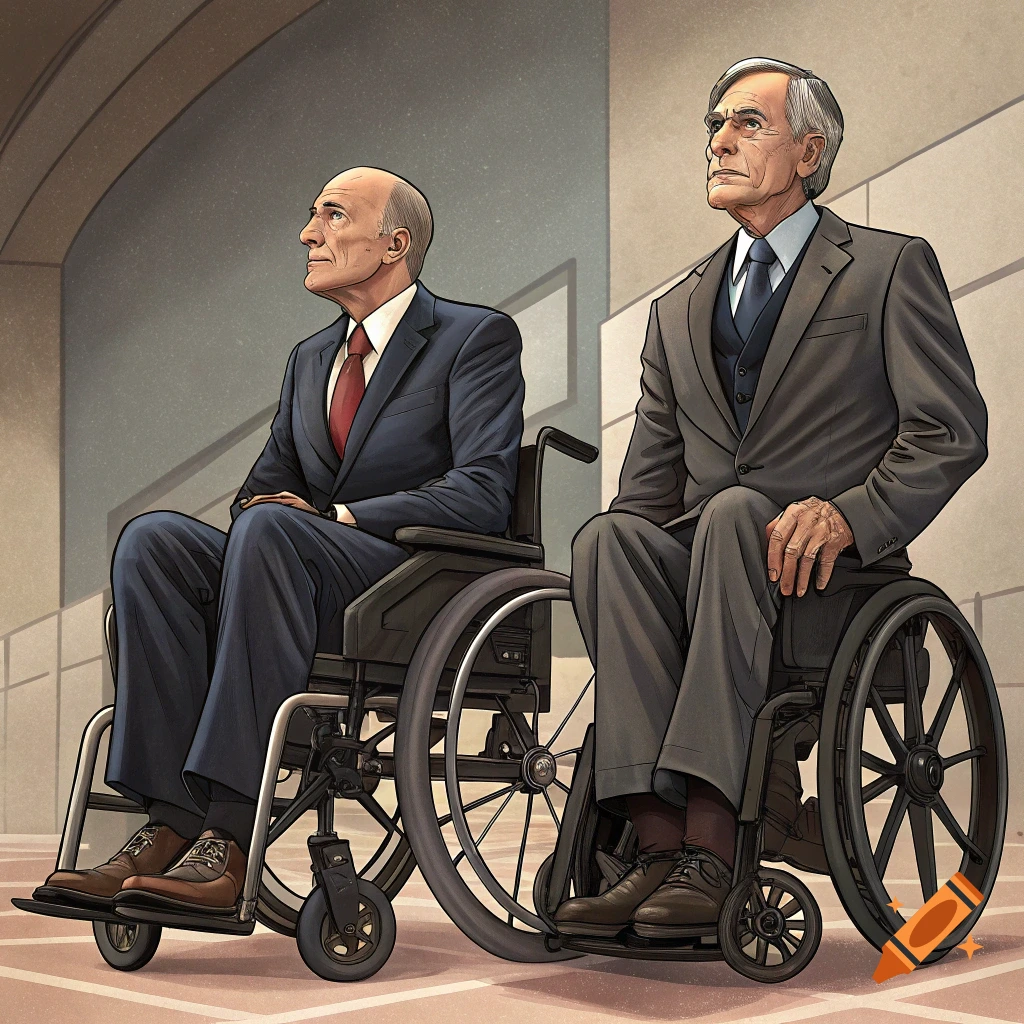 Two men in suits, one resembling Governor Greg Abbott and the other Charles Xavier, sit side-by-side in wheelchairs in an illustrated style.