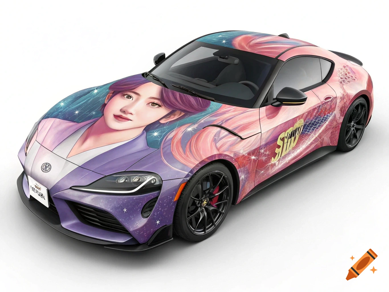 A 2023 Toyota Supra sports car with a purple and pink full vinyl wrap featuring an anime-style K-pop idol and starry patterns.