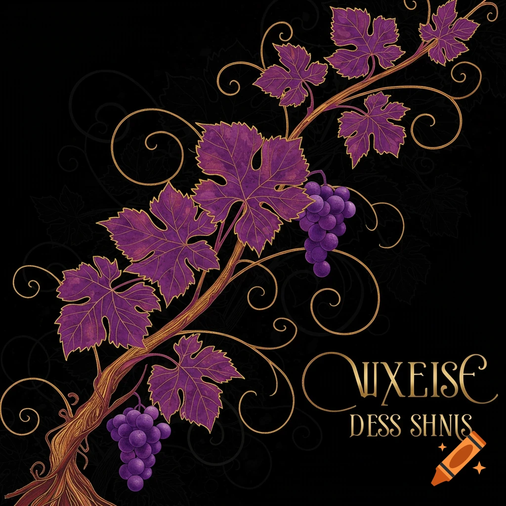 Art deco illustration of a purple wine vine with grapes on a black background.