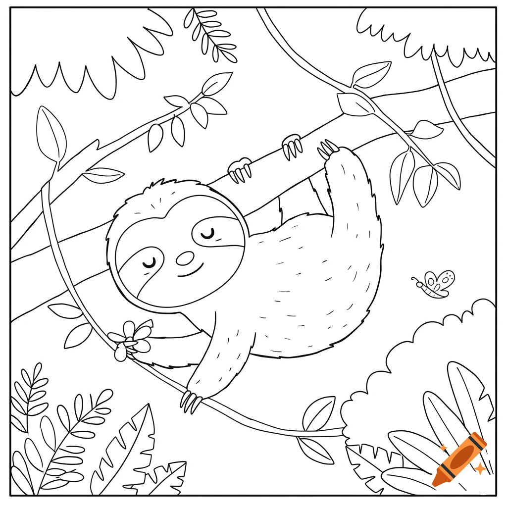 Black and white cartoon coloring page of a smiling sloth hanging from a tree branch, holding a flower, with a butterfly.