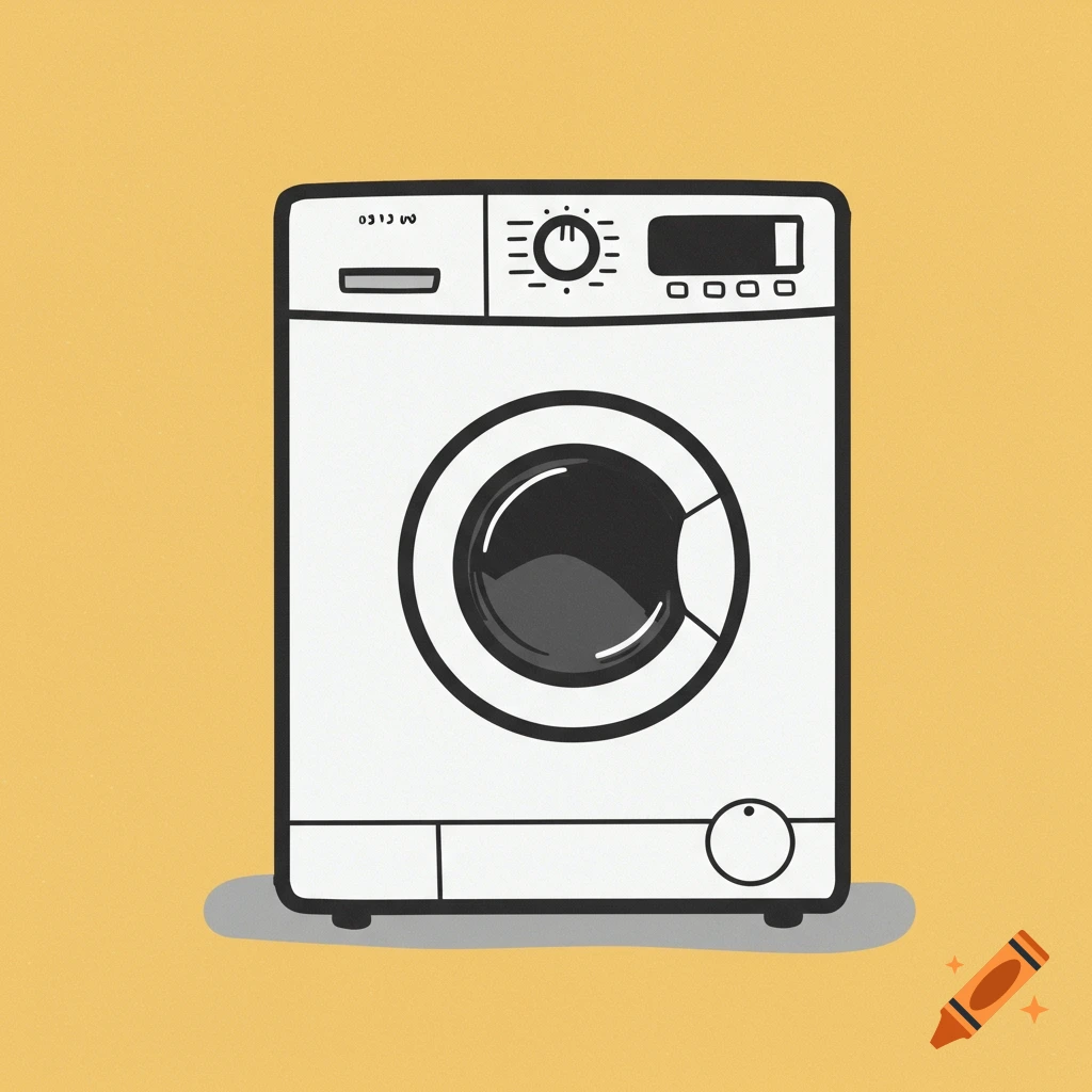 A simple line drawing of a white front-loading washing machine on a solid yellow background.