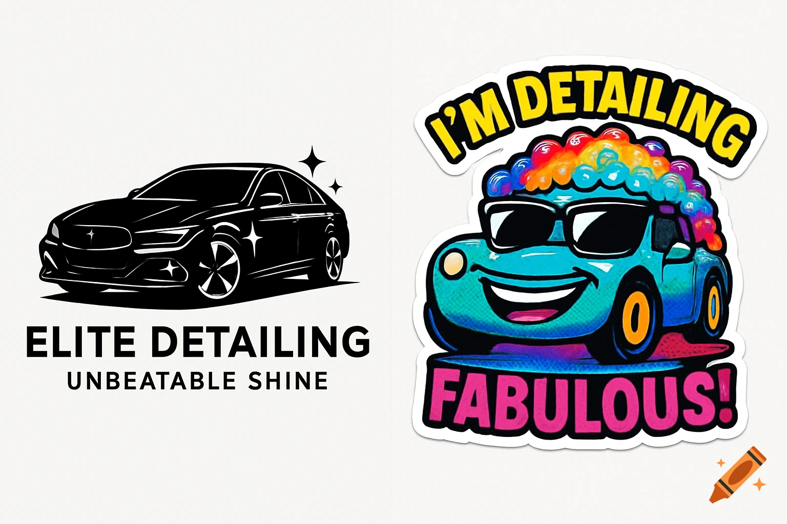 Two car-themed designs: a black minimalist car logo with text, and a colorful cartoon car sticker with text.