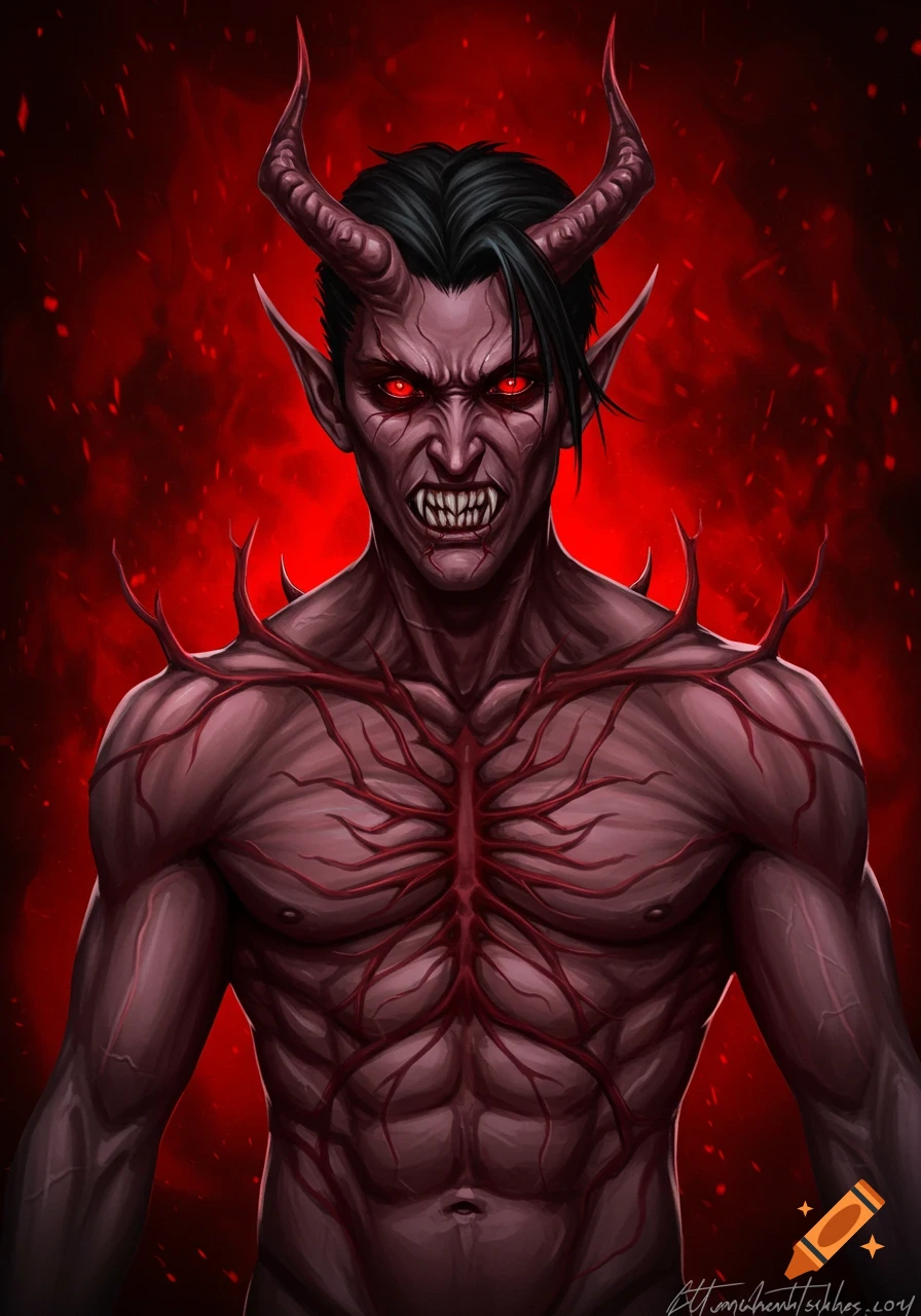 A stylized demonic creature with horns, glowing red eyes, sharp teeth, and intricate exposed veins on its chest, set against a fiery red background.