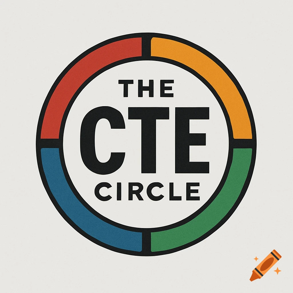 A logo for The CTE Circle, featuring black text on a white circular background, bordered by a segmented ring of red, orange, green, and blue.