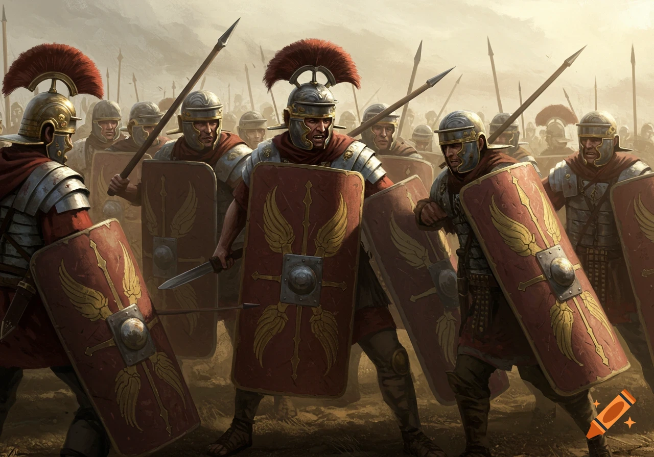 A group of Roman soldiers with spears and large rectangular shields, bracing for a charge.