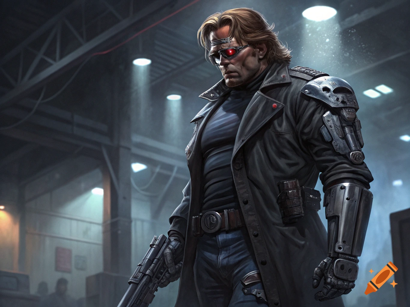 A futuristic cyborg character with glowing red eyes and a large gun in a dark, industrial setting.