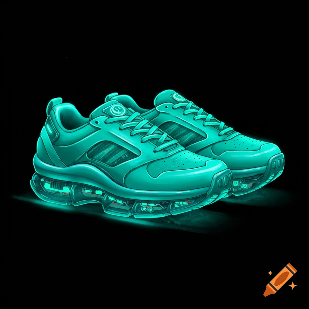 Two glowing aqua futuristic sneakers with transparent soles and visible inner workings are set against a solid black background.