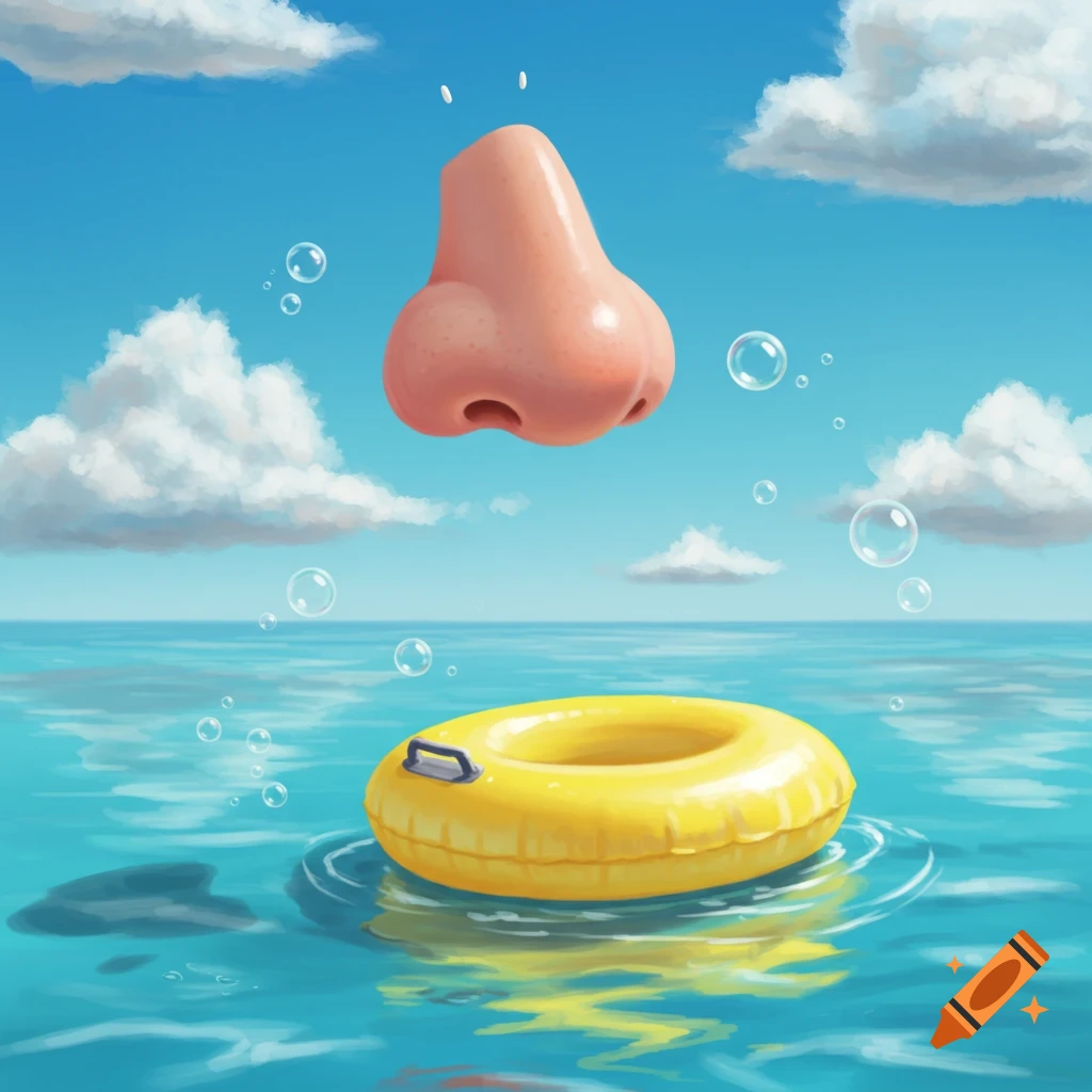 A large, cartoonish nose floats above a yellow inflatable tube in a blue ocean under a cloudy sky.