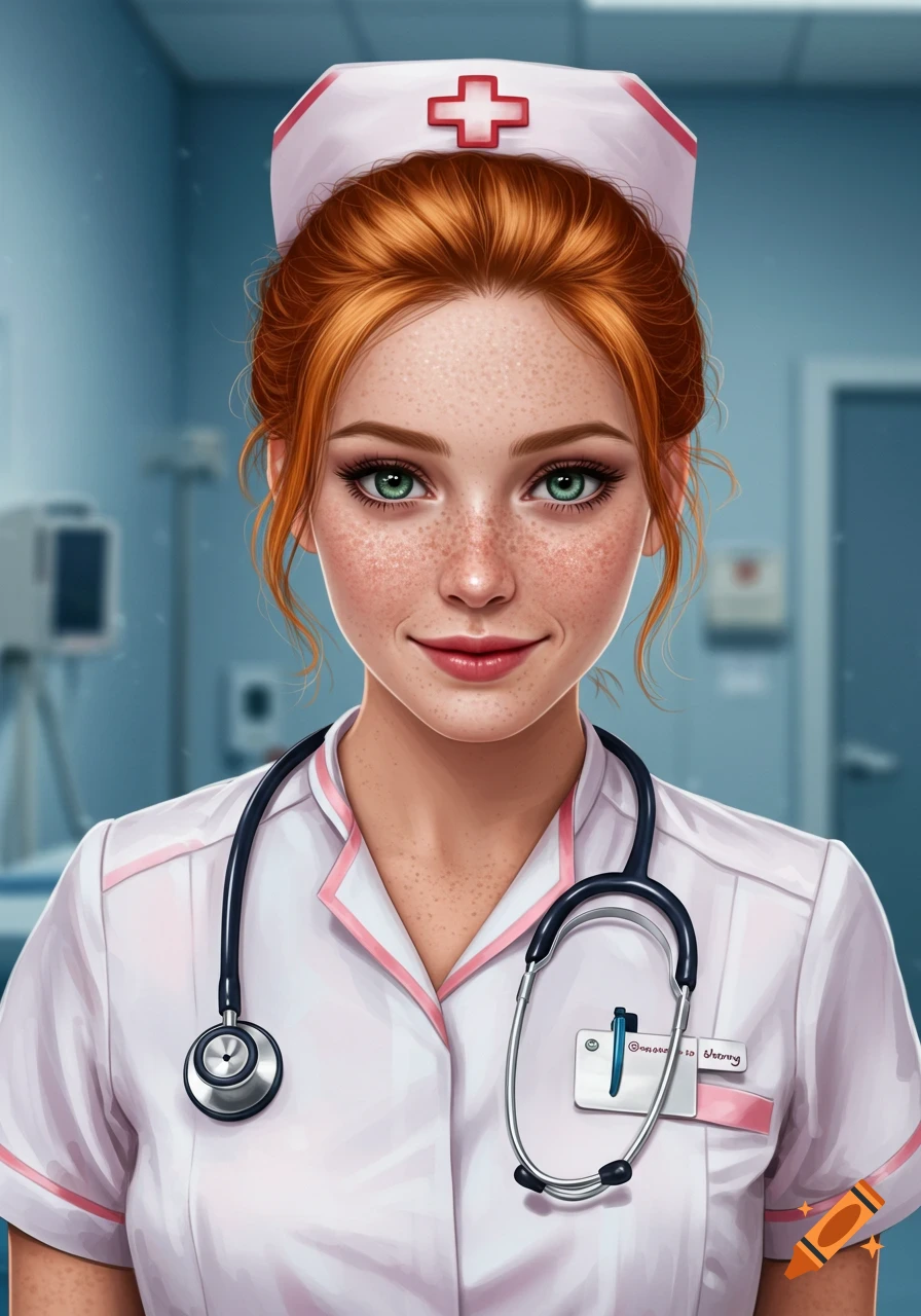 A smiling redhead nurse with green eyes and freckles wears a white uniform and stethoscope in a medical setting, digital art style.