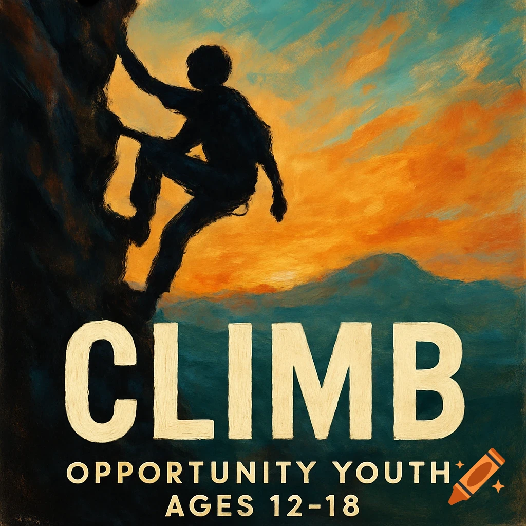 Stylized painting of a person climbing a rock face against an orange and blue sky, with the words 'CLIMB OPPORTUNITY YOUTH AGES 12-18'.