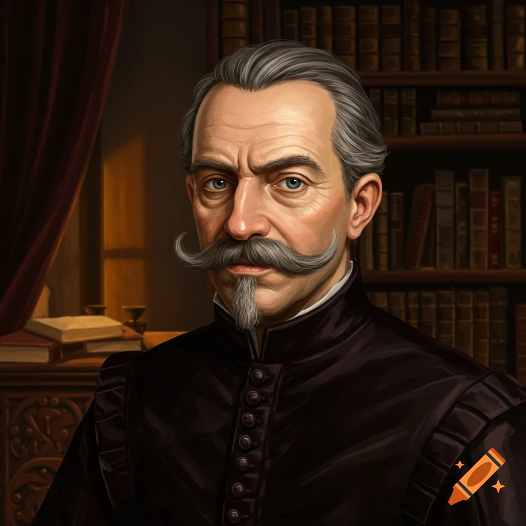 Portrait of a man with a prominent grey moustache and goatee in a dark scholarly outfit, set against a blurred background of bookshelves.