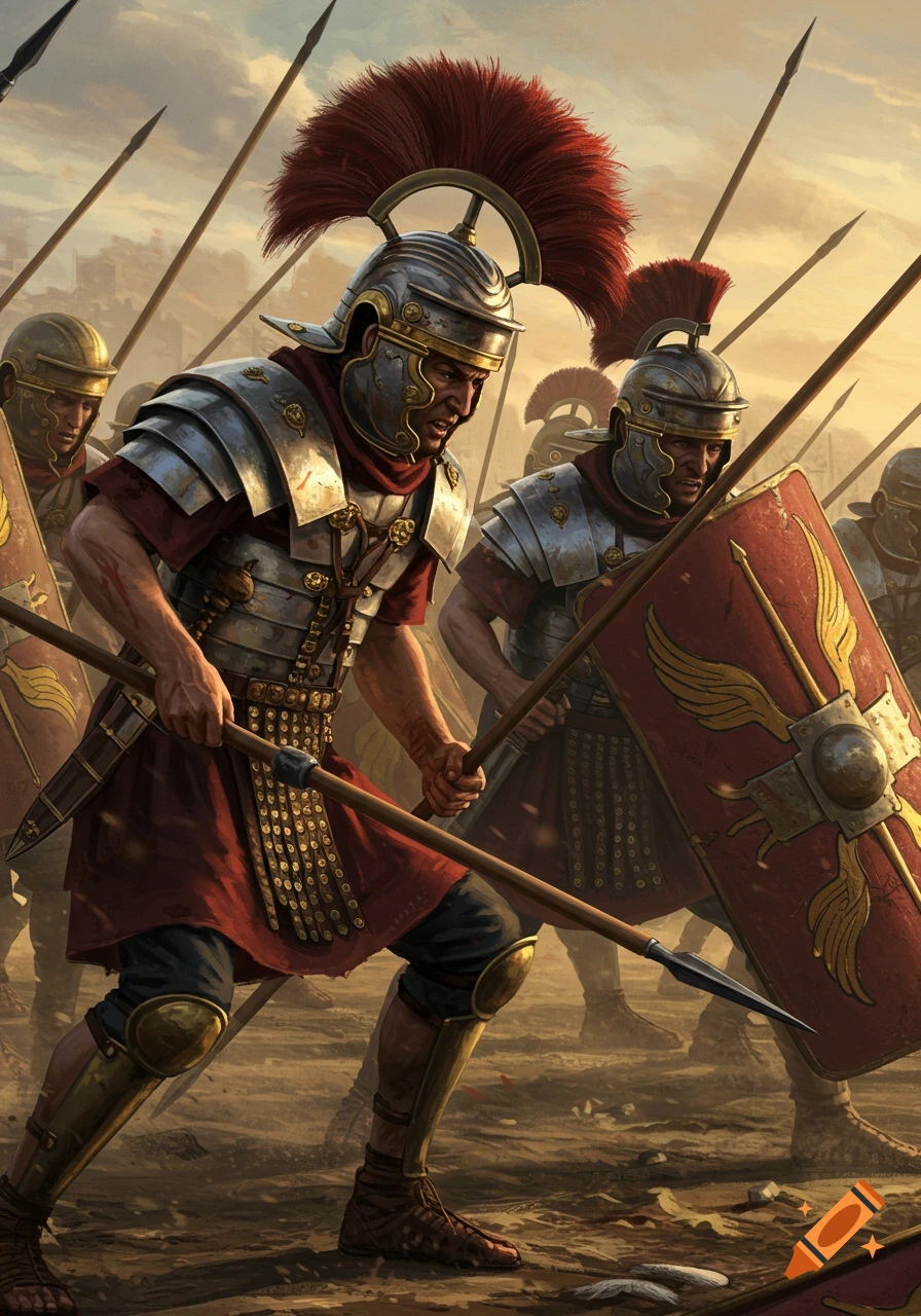 A unit of Roman soldiers in formation, holding spears and shields, ready for battle on a dusty field under a dramatic sky.