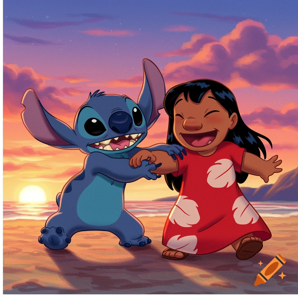 Blue alien Stitch and human girl Lilo laughing and running on a beach at sunset in a cartoon style.