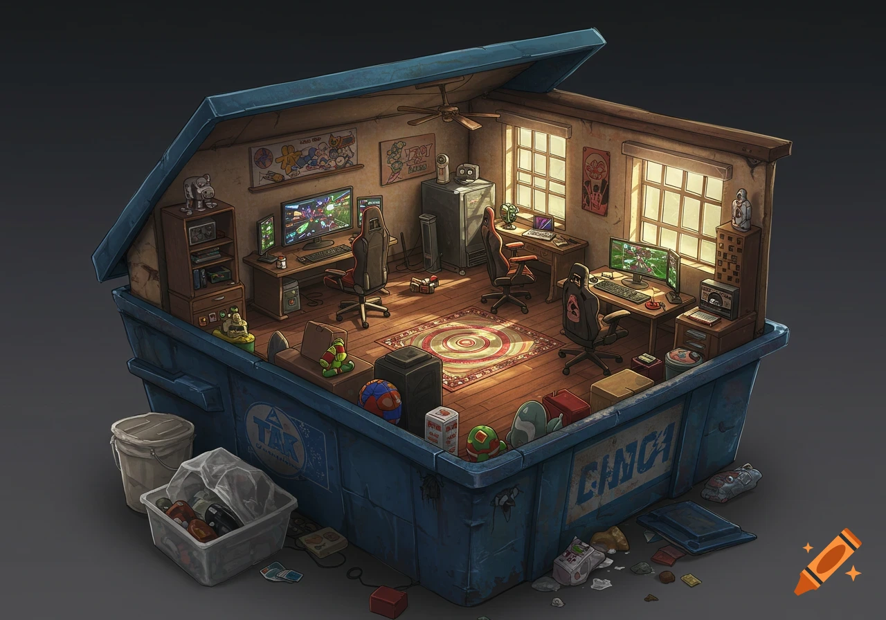 A stylized, detailed isometric view of a gaming room filled with collectibles, built inside a blue industrial dumpster with an open lid.