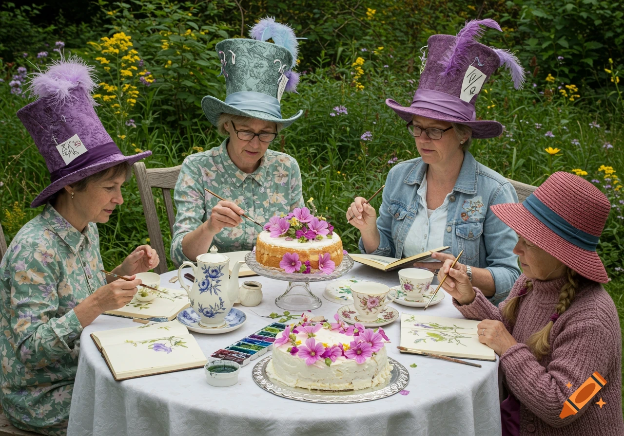 Four women in fantastical hats sit at a white-clothed table in an enchanted garden, painting wildflowers in journals. Two decorated cakes and a china tea set are on the table.