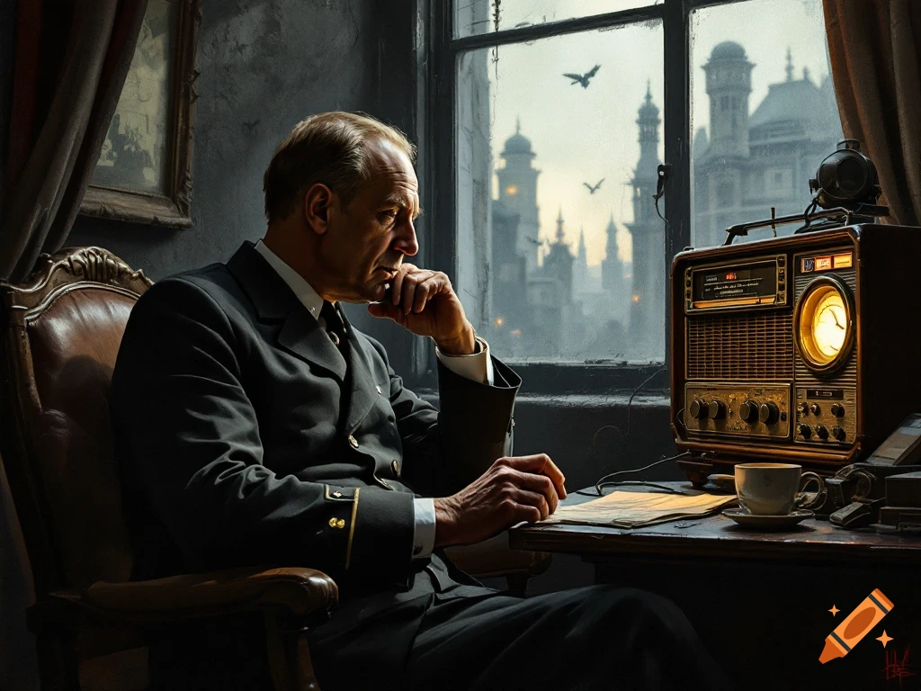 A thoughtful man in a dark uniform sits in a dim room, listening intently to a vintage radio, with a city skyline visible through the window.