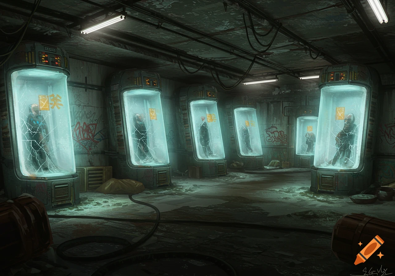 A dark, gritty digital art scene of a ruined bunker with multiple glowing, icy cryopods containing figures, amidst debris and graffiti.