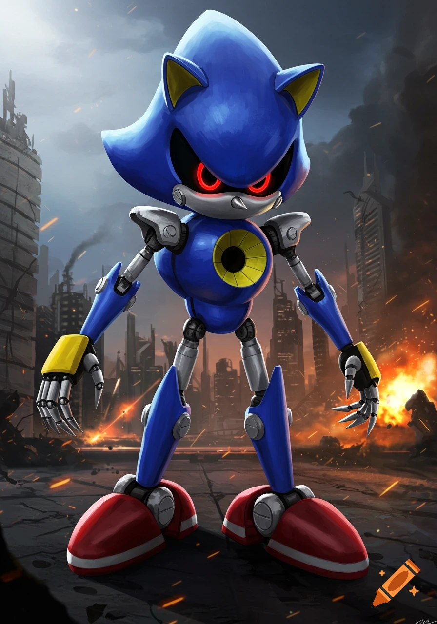 Metal Sonic, a blue and silver robot with glowing red eyes, stands menacingly in a ruined, fiery cityscape.