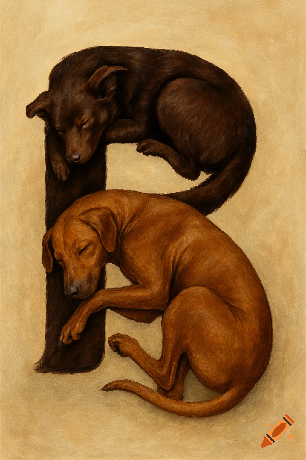 Two sleeping brown dogs are curled up on a light brown background to form the shape of the uppercase letter R in an illustrative style.