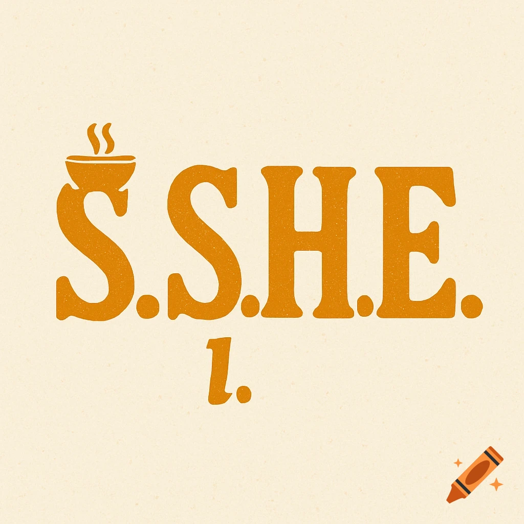 Orange stylized text 'S.S.H.E.' with a ramen bowl icon and a small 'l.' below, on a textured cream background.