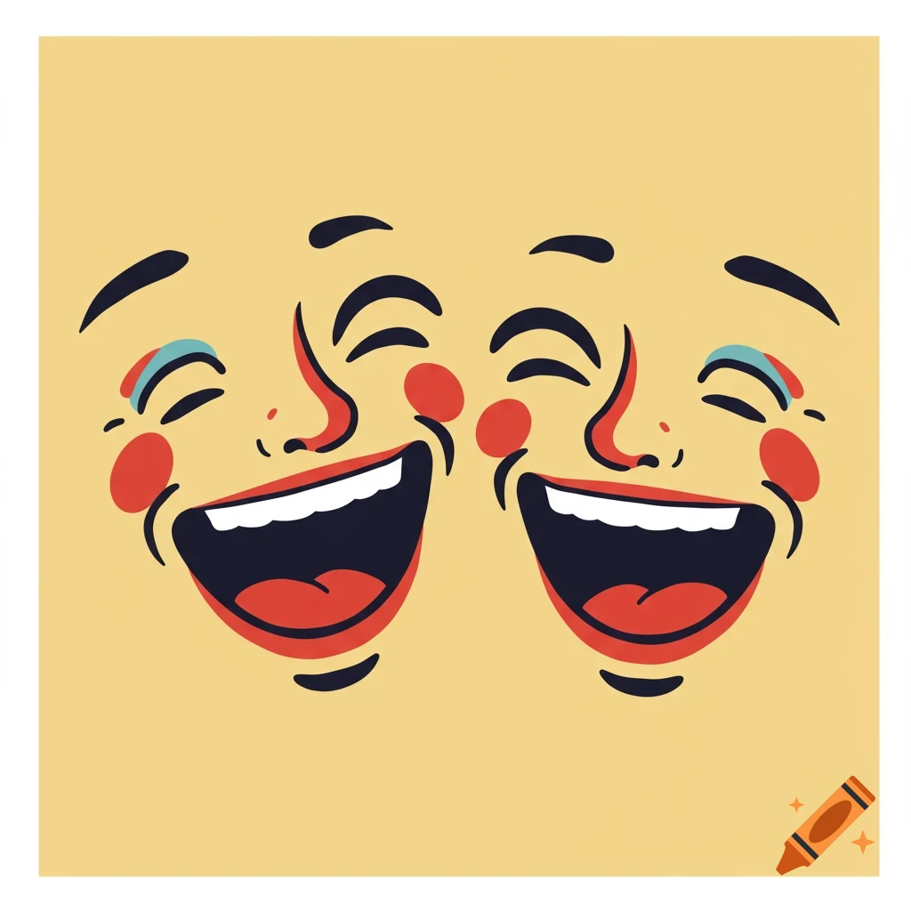 Two stylized cartoon faces with closed eyes and wide open mouths, depicted in a simple, flat screen print style on a yellow background.