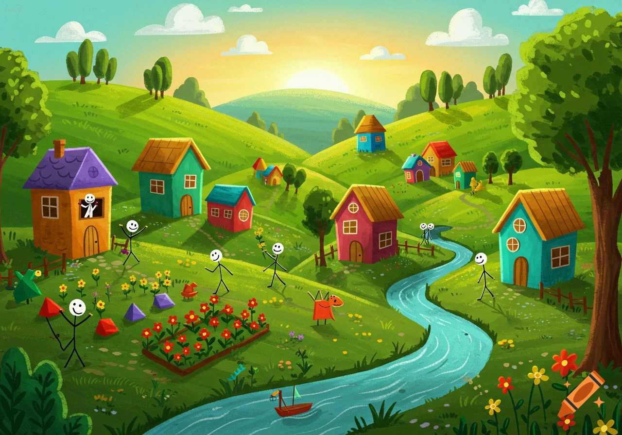A vibrant cartoon village with stick figures, colorful houses on rolling green hills, a winding river, and a sunset.
