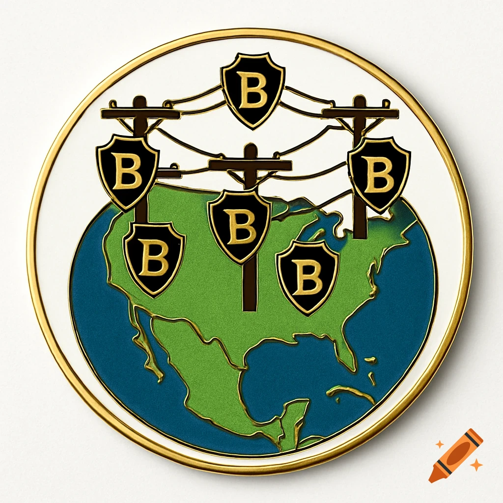 An enamel pin featuring a map of North America with electrical poles and power lines, each with a black and gold 'B' shield logo.