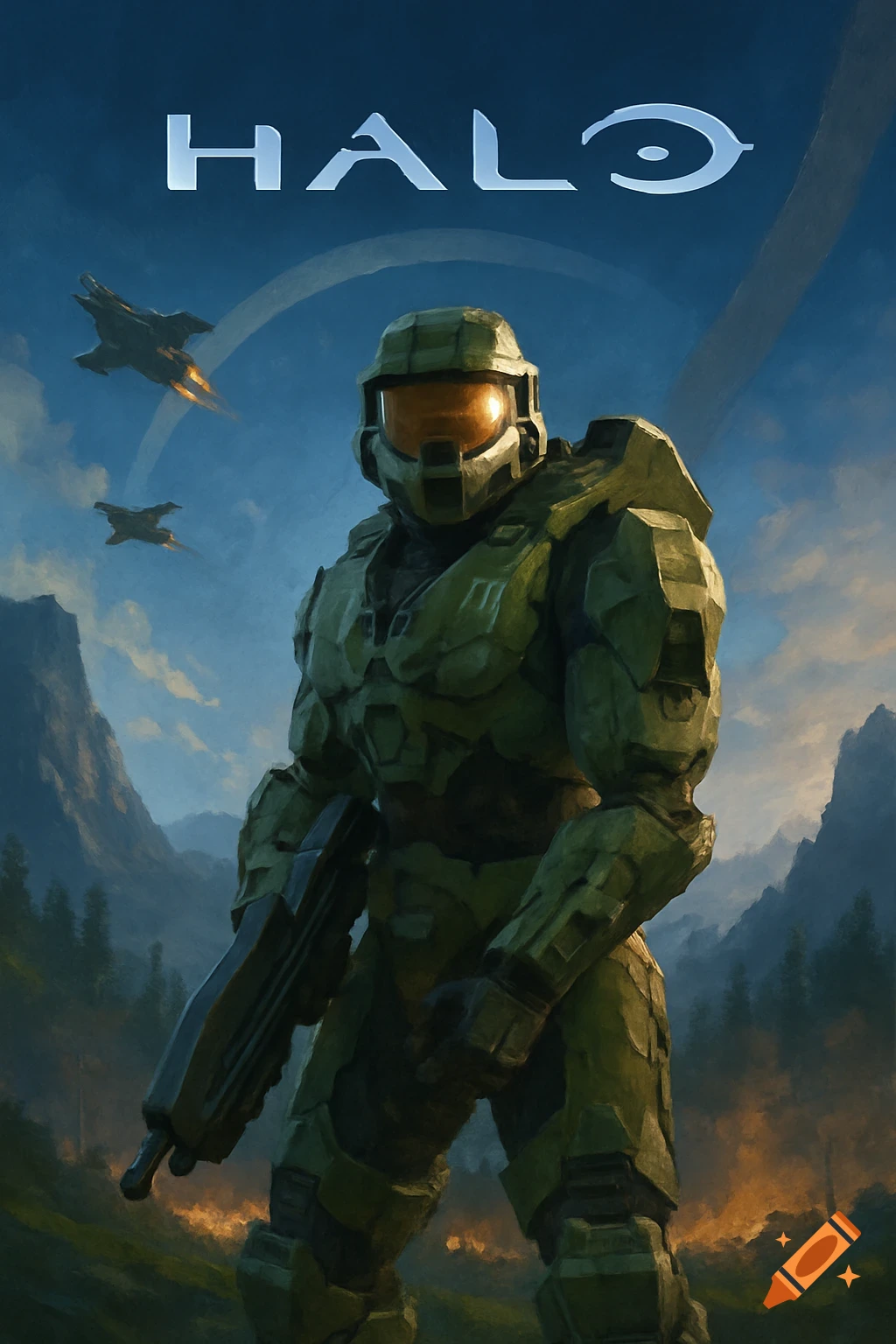 Master Chief holding a rifle, standing in a painted mountain landscape with jets, under a sky with the 'HALO' logo.