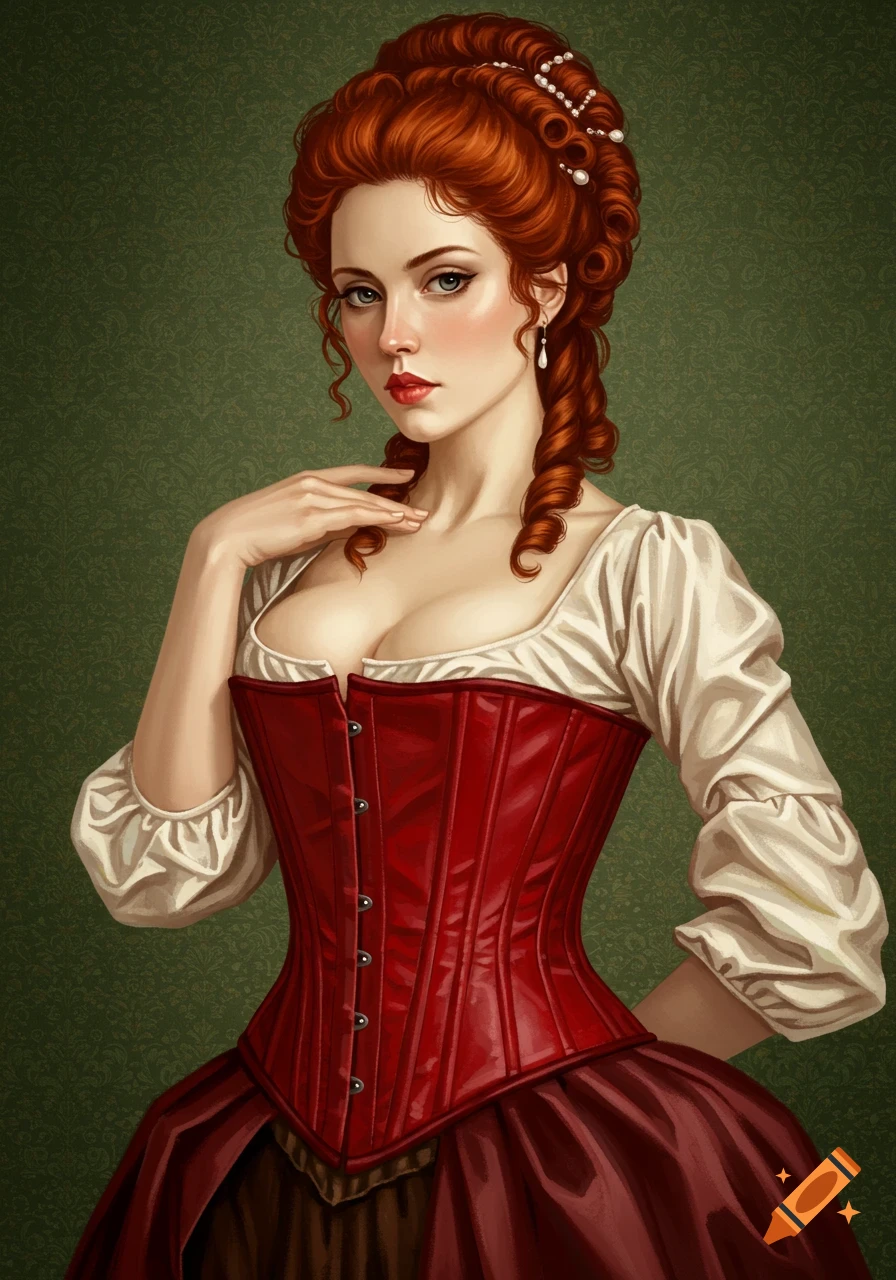 A red-haired woman in an 18th-century red corset and white blouse, against a green background.