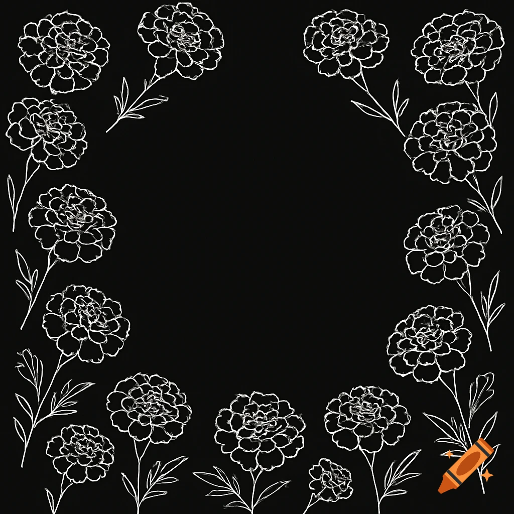 White outline drawings of marigolds and leaves frame a black background.