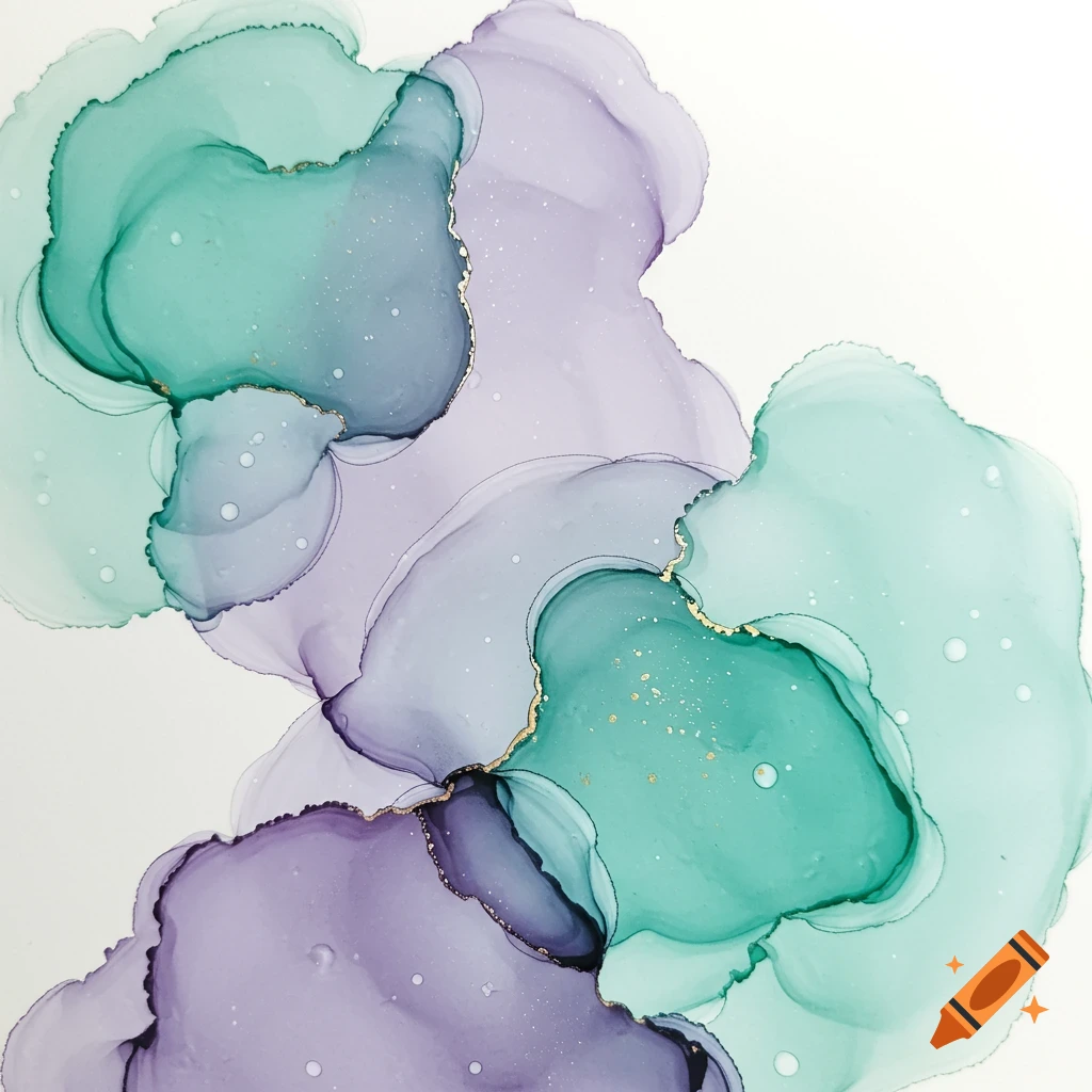 Abstract watercolor splodges in sage green, lavender, and teal with gold highlights on a white background.