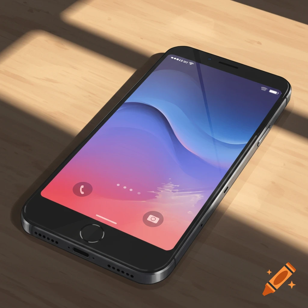 A dark smartphone with a colorful purple and blue gradient wallpaper, lying on a wooden surface with sunlight casting shadows.
