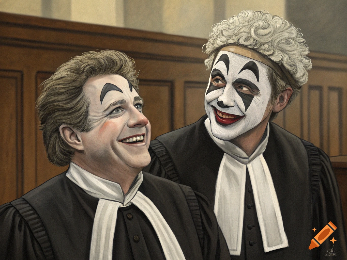 Two men dressed as judges in robes and white and black clown face paint laughing in a courtroom.
