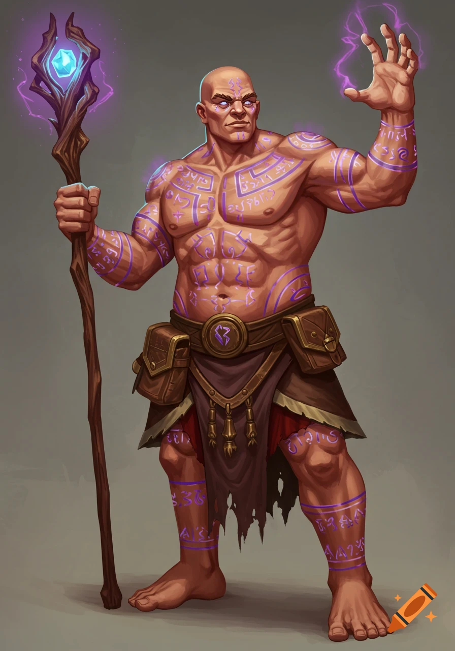 A bald, muscular Goliath wizard covered in glowing purple arcane tattoos, holding a magical staff and casting a spell.