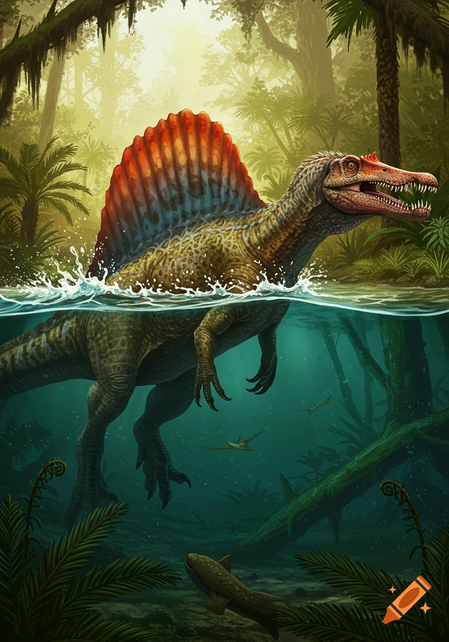 A majestic Spinosaurus swims through a prehistoric jungle river, its distinctive sail breaking the water's surface.