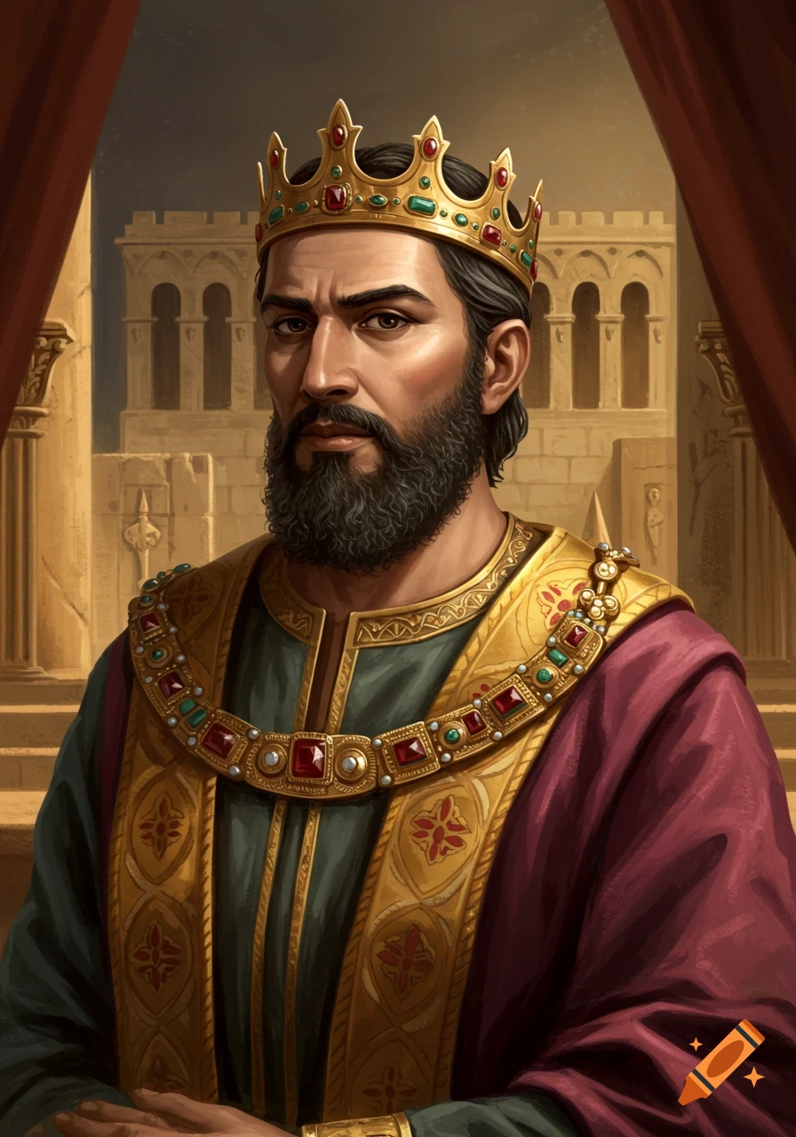 A regal portrait of a bearded king wearing a golden crown and jeweled robes, set against an ancient palace background.