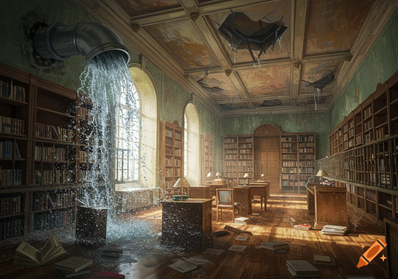 A photorealistic scene of a grand, dilapidated library flooded with water pouring from a large burst pipe in the ceiling, soaking books and desks.