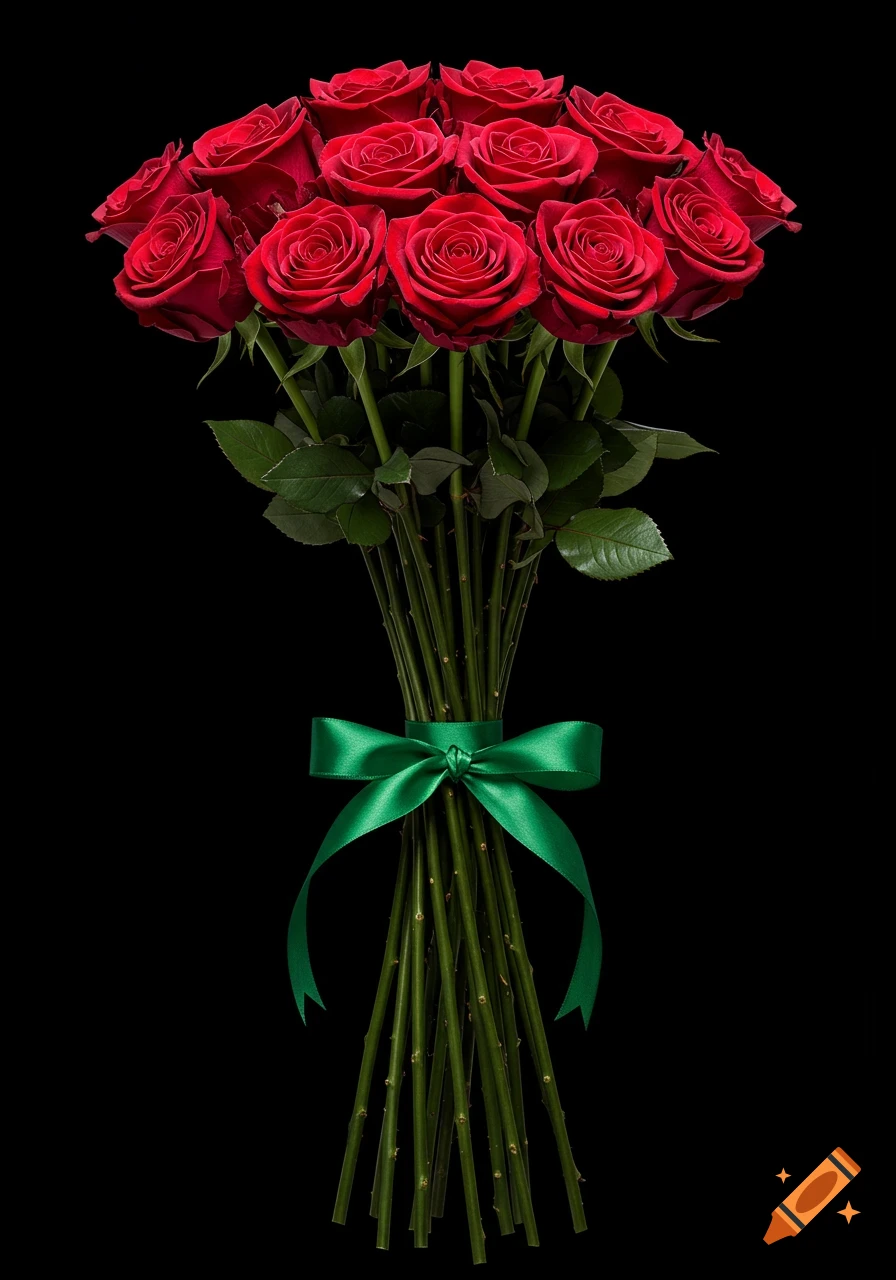 A photorealistic bouquet of long-stem red roses tied with a green ribbon against a black background.