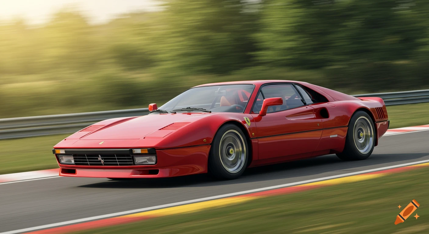 A red Ferrari 288 GTO sports car driving fast on a race track under sunlight, photorealistic style.