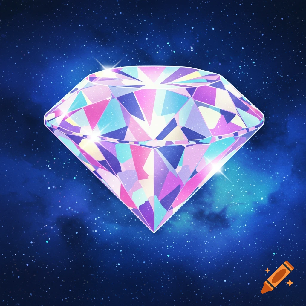 A colorful, sparkly diamond with pink, blue, and purple facets, floats against a dark blue starry space background, in an anime style.