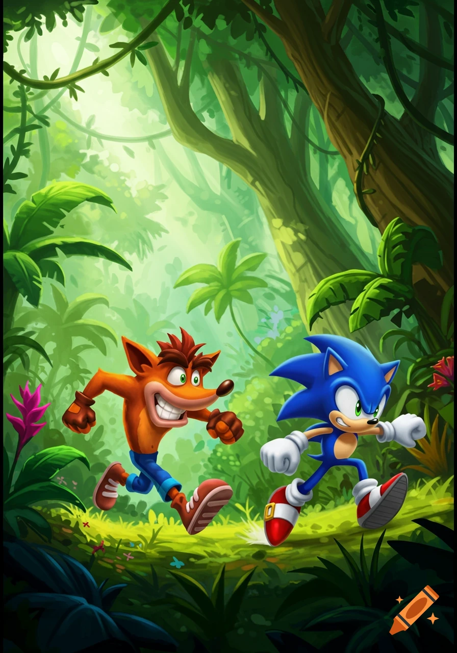 Crash Bandicoot and Sonic the Hedgehog running through a vibrant, lush jungle.