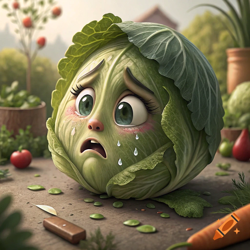 A cartoon cabbage with a sad, crying face sits on the ground in a garden next to a knife and scattered leaves.
