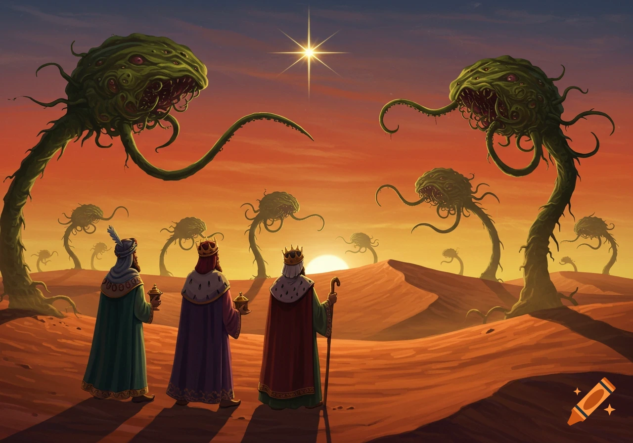 Three robed wise men walk through a desert at sunset towards a bright star, surrounded by large, menacing green tentacled plant creatures.