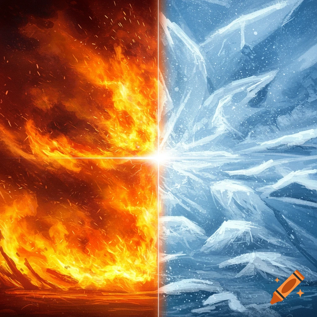 A digital art image split vertically, with fire on the left and ice on the right, converging at a bright light in the center.