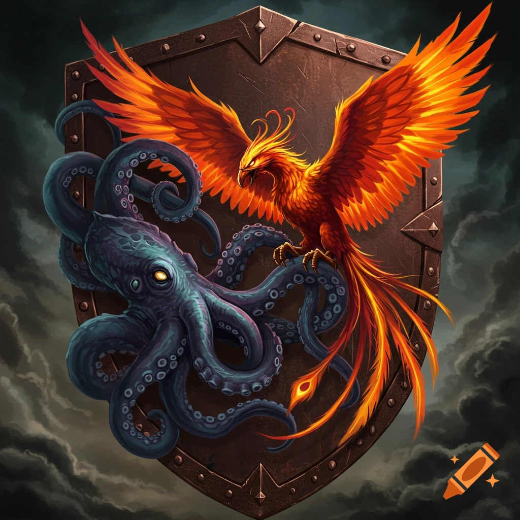 A vibrant orange phoenix and a dark blue kraken on a bronze shield, set against a stormy sky, fantasy art.