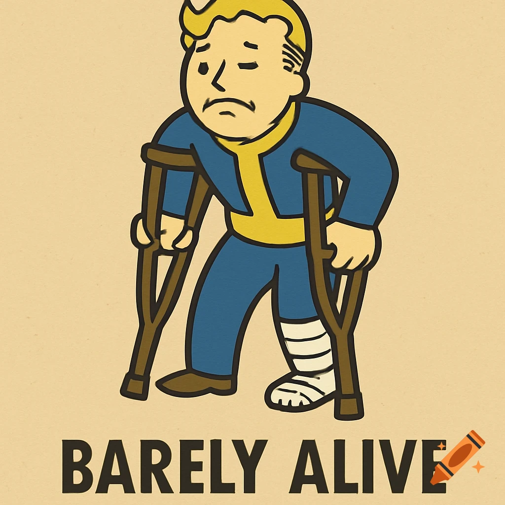A cartoon Vault Boy character on crutches with a bandaged leg, looking sad, with the text 'BARELY ALIVE' below him.