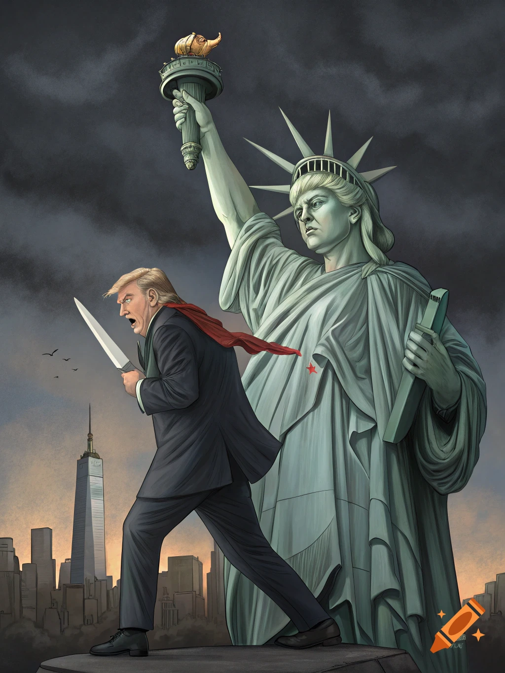 Political cartoon of Donald Trump holding a knife, walking past the Statue of Liberty with a city skyline behind them.