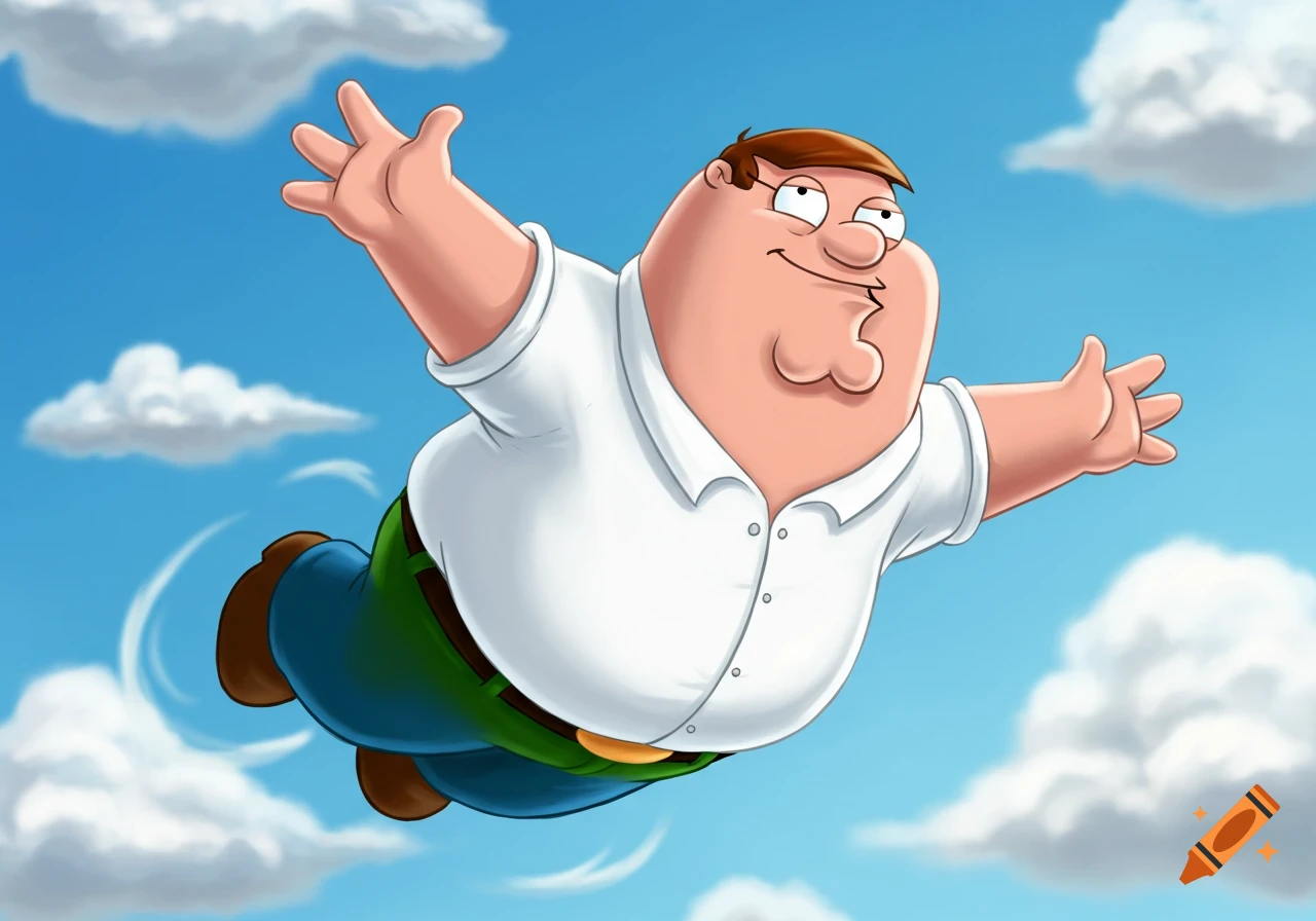Peter Griffin from Family Guy flying in a blue sky with clouds, arms outstretched.