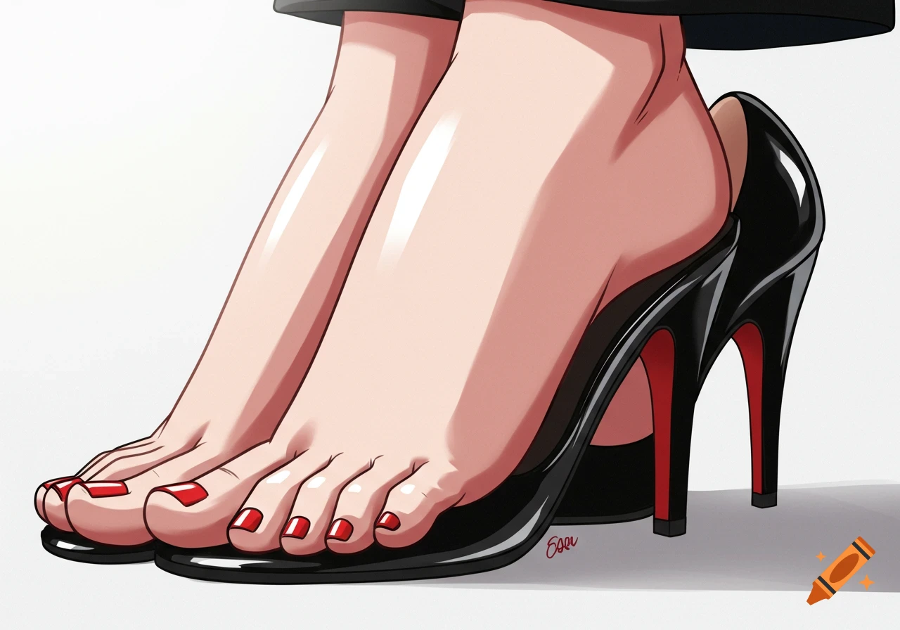 Anime-style illustration of bare feet with red nail polish in shiny black high heels with red soles.